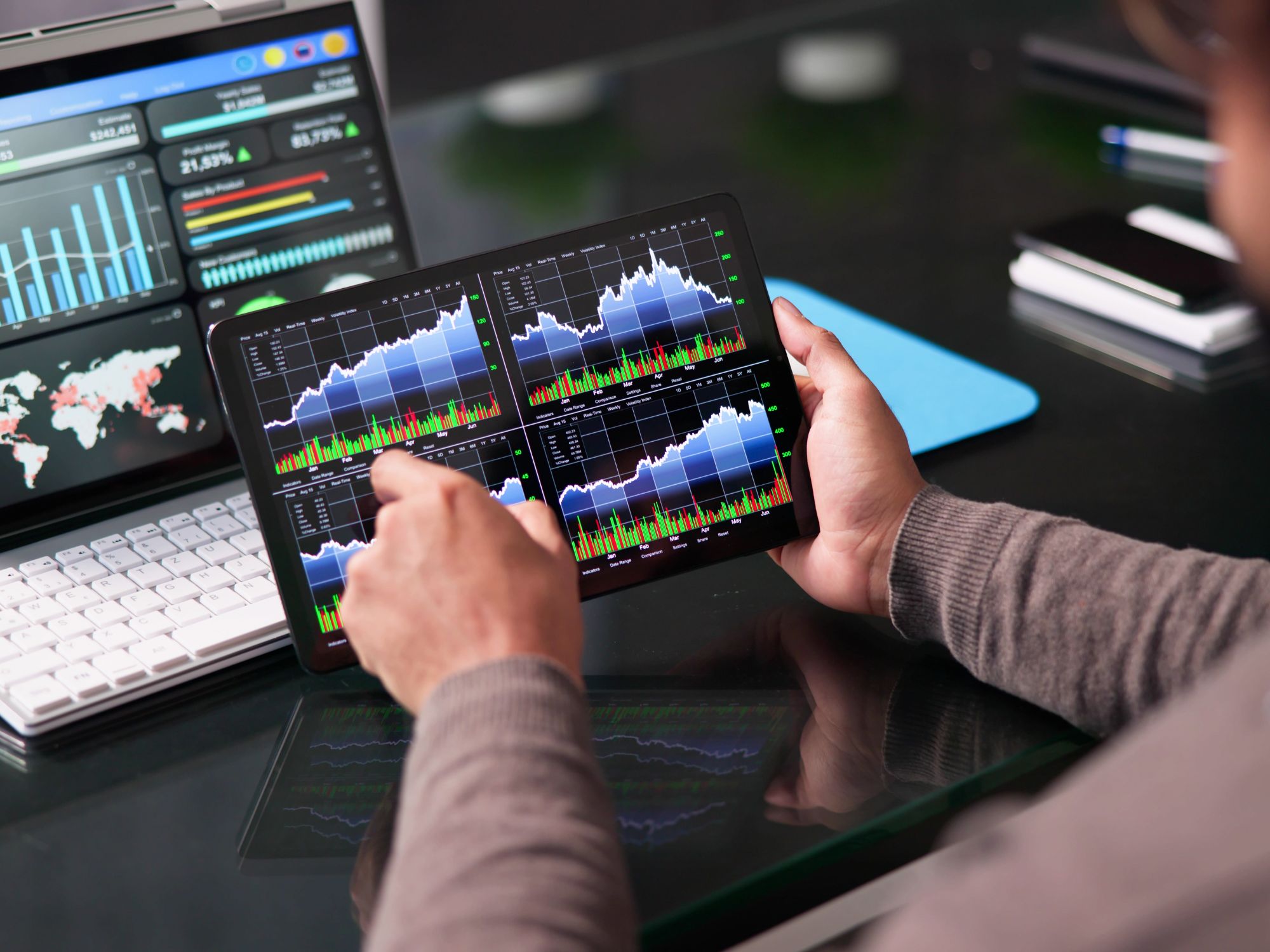 Business analytics dashboard on tablet showing call reports and message data insights